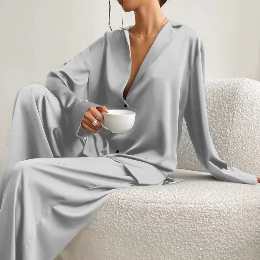 Kvinnors Satin Skjorta och Vida Byxor Set – Avslappnad Loungewear för Hem och Resa