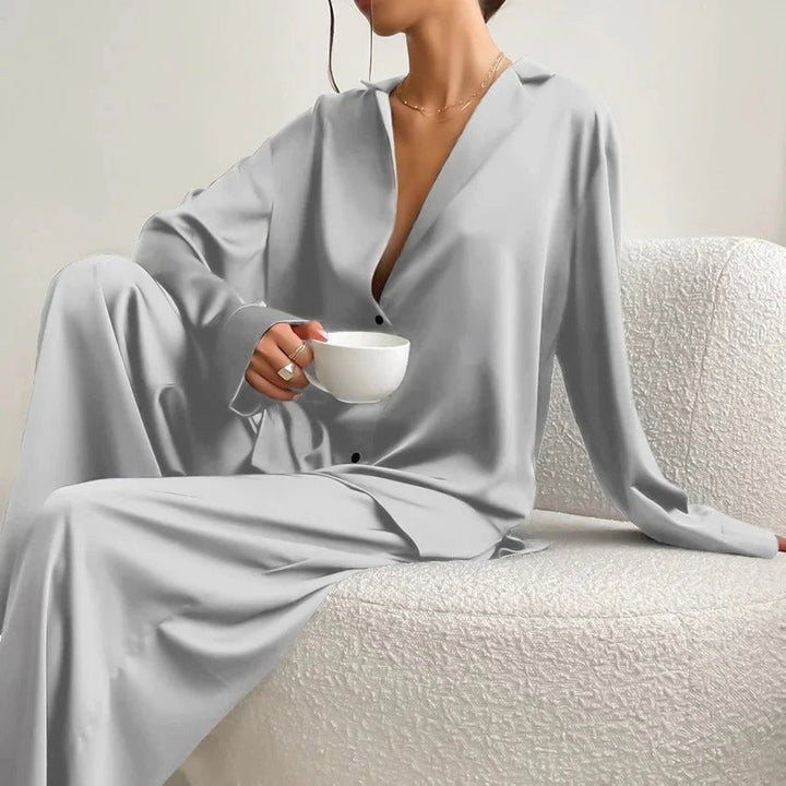 Kvinnors Satin Skjorta och Vida Byxor Set – Avslappnad Loungewear för Hem och Resa