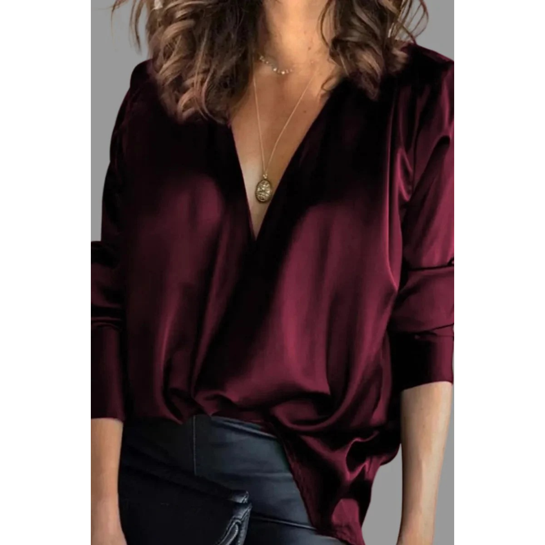 Kvinnors Satin Wrap Blus – Draperad V-ringad långärmad stil för kvälls- och kontorsbruk