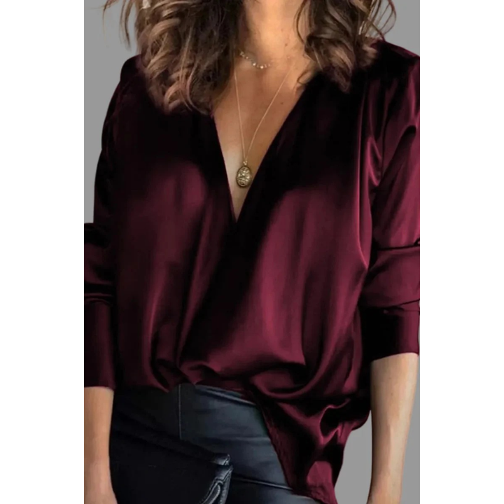 Kvinnors Satin Wrap Blus – Draperad V-ringad långärmad stil för kvälls- och kontorsbruk