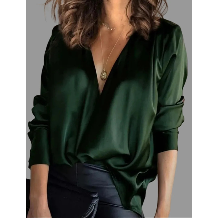 Kvinnors Satin Wrap Blus – Draperad V-ringad långärmad stil för kvälls- och kontorsbruk