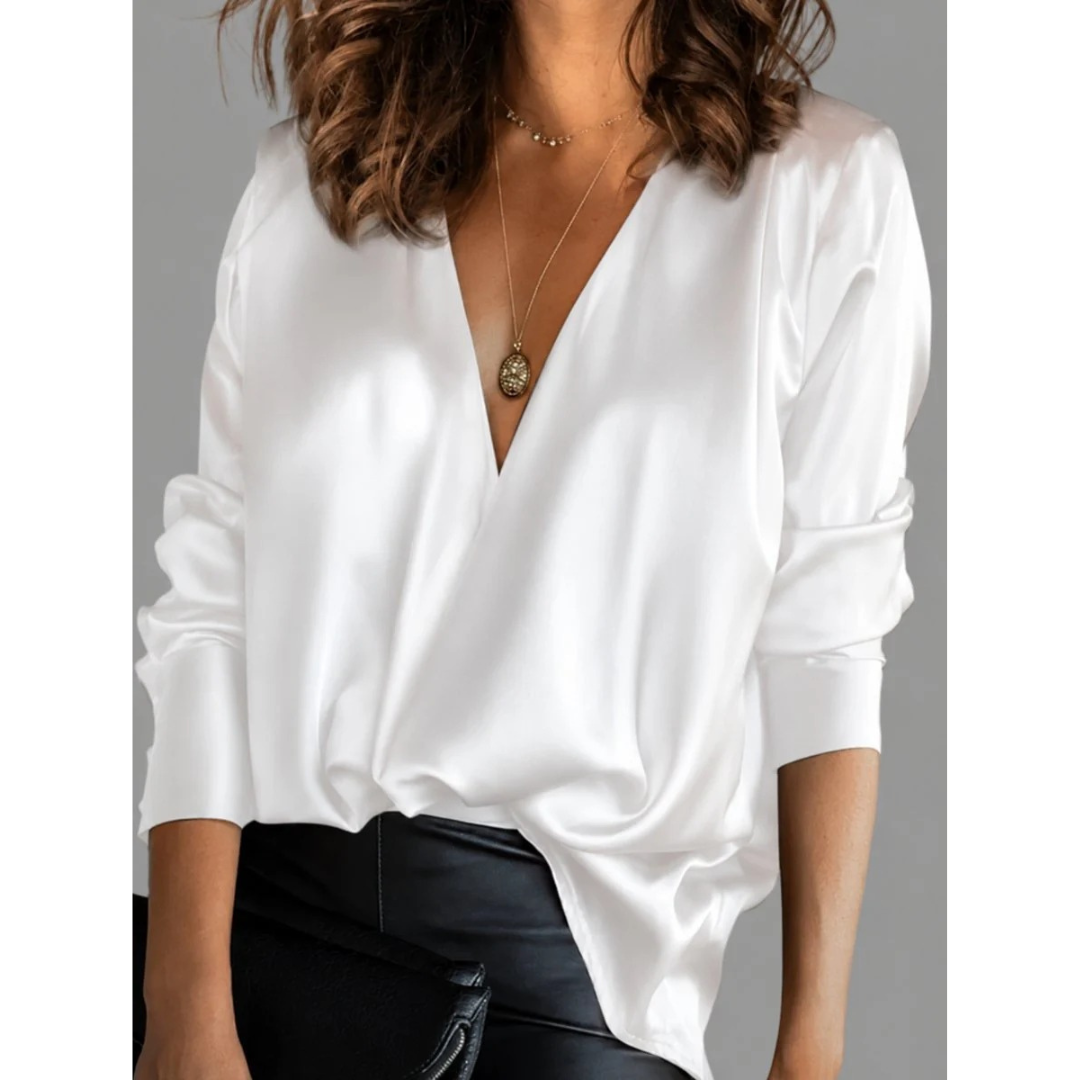 Kvinnors Satin Wrap Blus – Draperad V-ringad långärmad stil för kvälls- och kontorsbruk