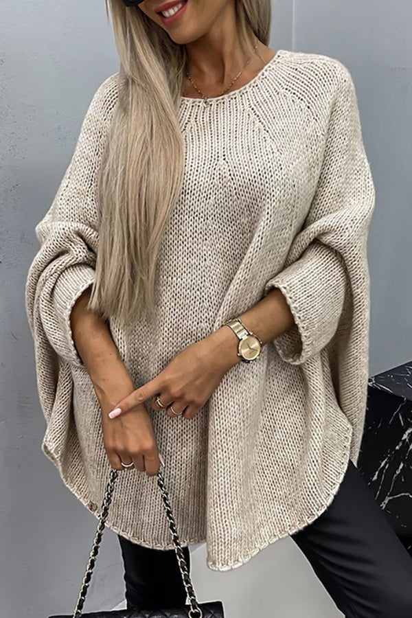 Kvinnors Draperad Stickad Poncho – Avslappnad Rundhalsad Tröja för Smart Casual Lager