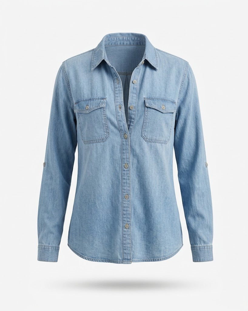 Kvinnors Denim Utility Skjorta – Avslappnad Knapp-up Lager för Casual Övergångsbruk