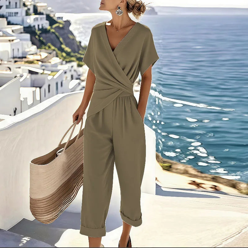 Kvinnors Draperad V-ringad Jumpsuit Avslappnad Sommaroutfit