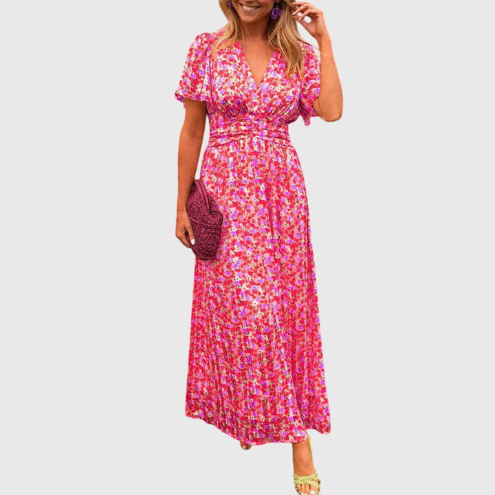 Kvinnors Tryckt Wrap-Stil Maxi Klänning – Kortärmad Outfit för Sommarevenemang