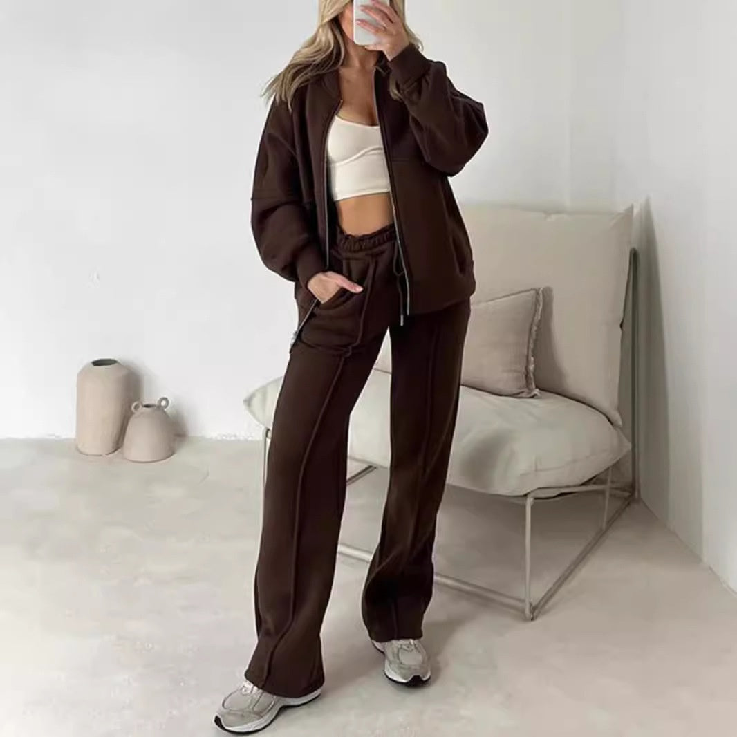Kvinnors Cropped Zip Lounge Set med Vida Byxor