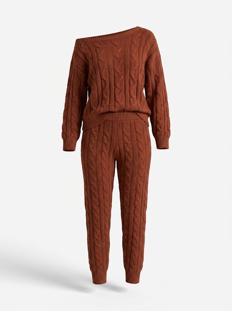 Kvinnors Kabelstickad Tröja och Jogging Set – Mysig Tvådelad Loungewear för Kyligare Dagar