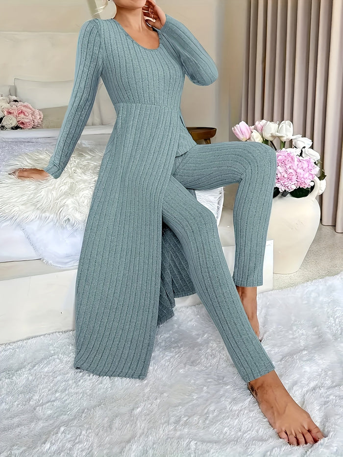 Dam Ribbat Loungewear-Set med Lång Tunika och Vida Byxor