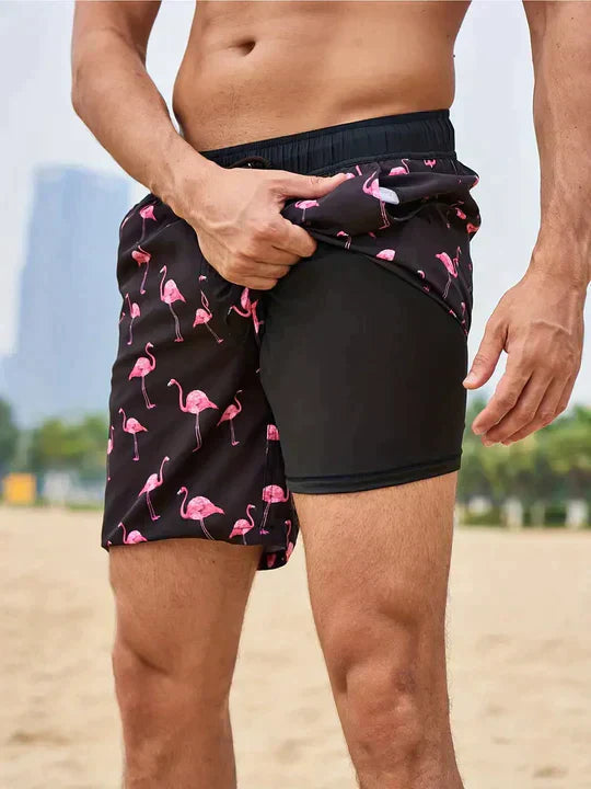 Herrarnas tryckta badshorts med dragsko för stranden