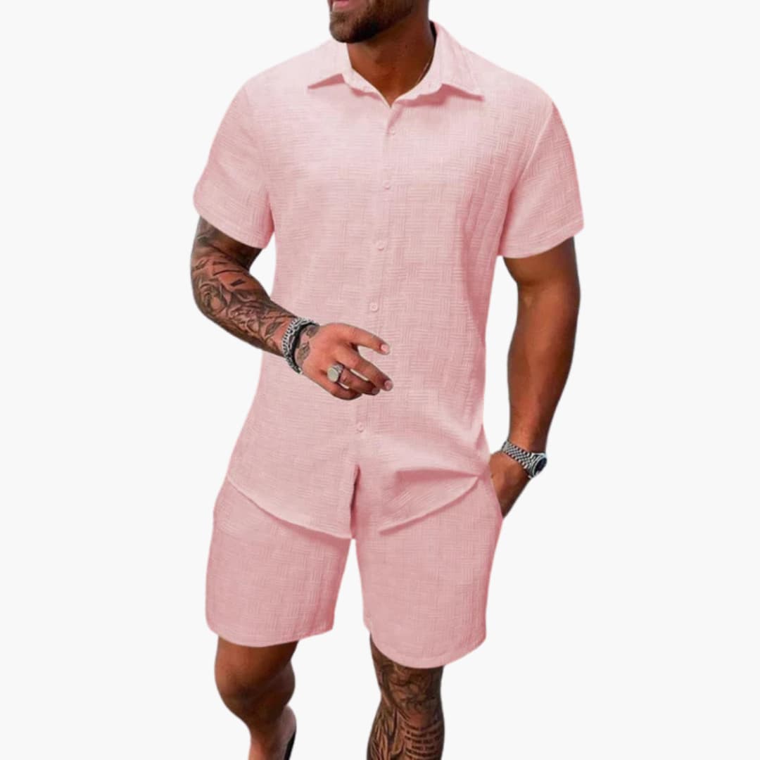 Herrars Texturerad Knappskjorta Avslappnade Shorts Tvådelad Sommarset