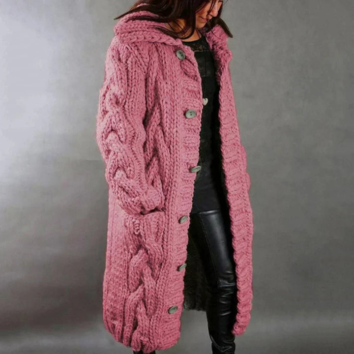 Kvinnors Chunky Knit Lång Cardigan – Varm Huva Knäpp-Up Lager för Vintern