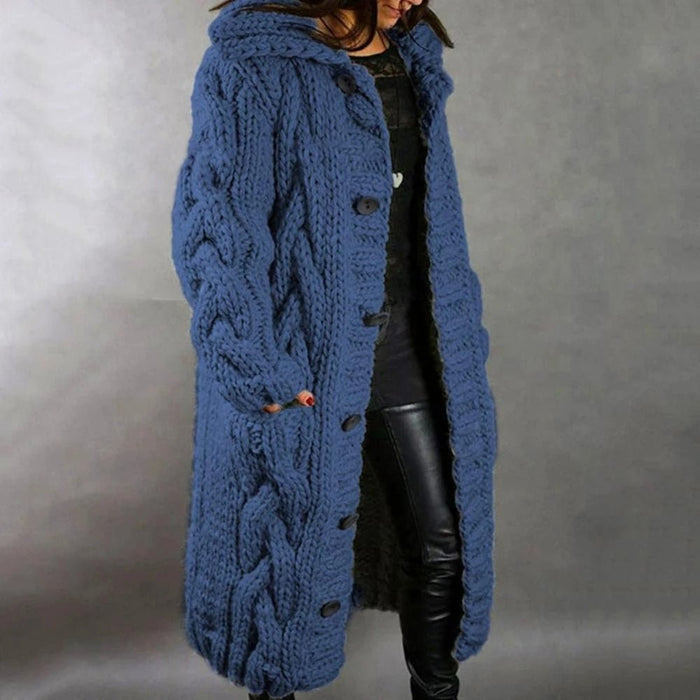 Kvinnors Chunky Knit Lång Cardigan – Varm Huva Knäpp-Up Lager för Vintern