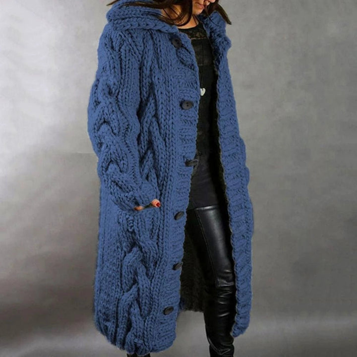 Kvinnors Chunky Knit Lång Cardigan – Varm Huva Knäpp-Up Lager för Vintern