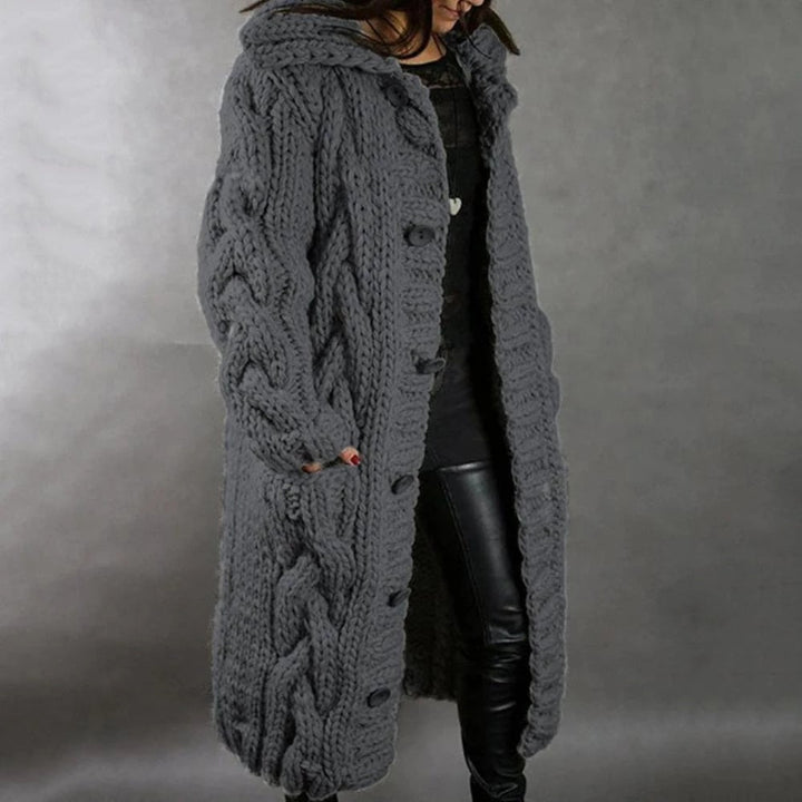 Kvinnors Chunky Knit Lång Cardigan – Varm Huva Knäpp-Up Lager för Vintern