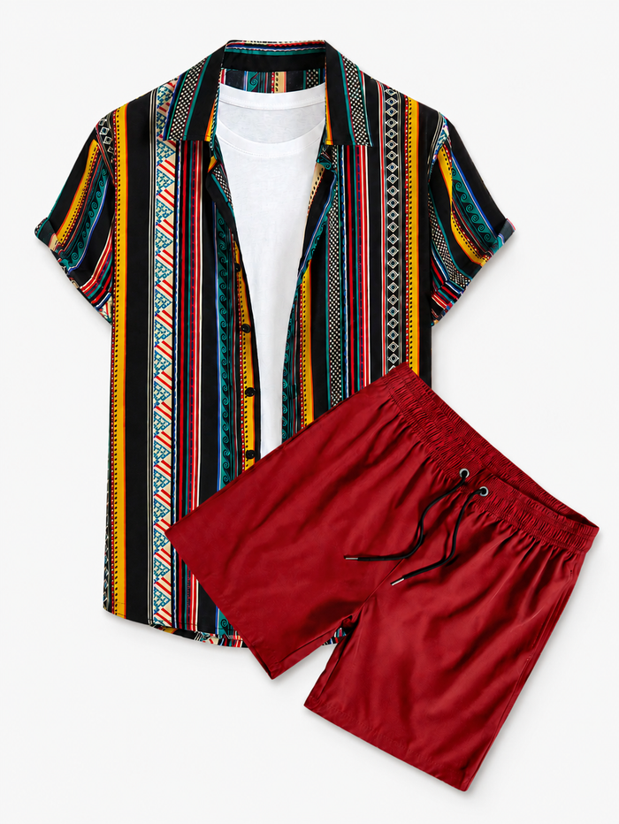 Herrars Sommar Resort Set – Tryckt Skjorta med Knappar och Stretch Badshorts