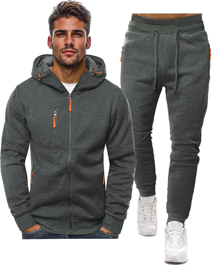 Herrarnas Hooded Tracksuit Set – Zip Jacka och Joggers för Avslappnad Användning