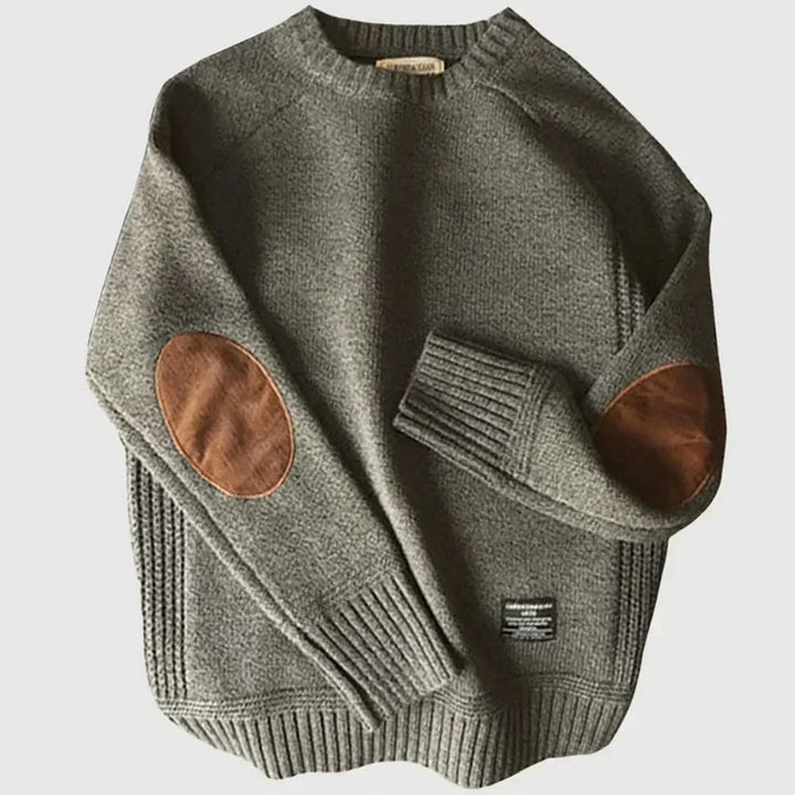 Herrens Varm Crew-Neck Jumper med Armbågsfickor – Avslappnad Vinterstickad för Kontor och Helgklädsel