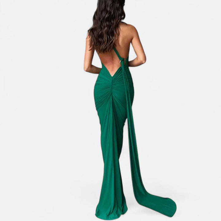Kvinnors Enaxlad Halterneck Maxi Klänning – Fitted Gown för Kvällsevenemang