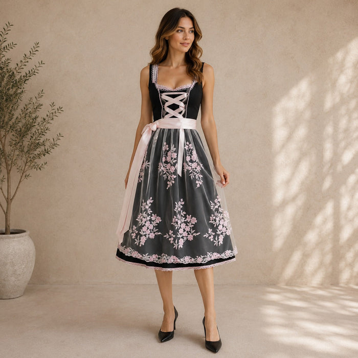 Kvinnors Blommig Dirndl Klänning – Snörning Oktoberfest Midi med Broderad Förkläde