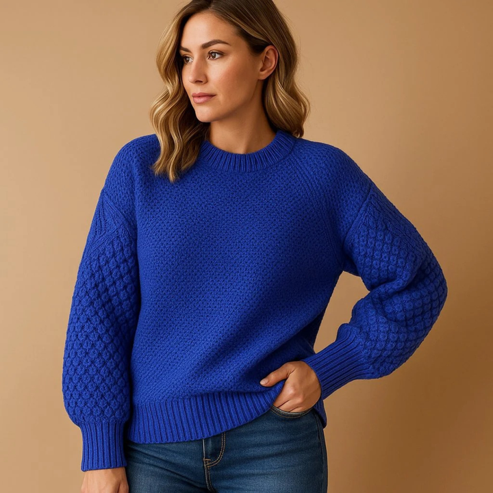 Kvinnors Texturerad Stickad Tröja – Ballongsärmar Crew-Neck Stil för Höst och Vinter