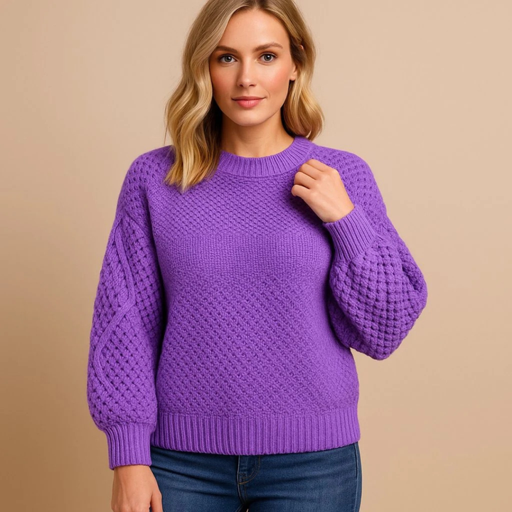 Kvinnors Texturerad Stickad Tröja – Ballongsärmar Crew-Neck Stil för Höst och Vinter
