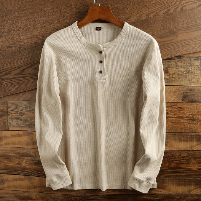 Mans Waffle Knit Henley Skjorta Lång Ärmar Texturerad Avslappnad Topp