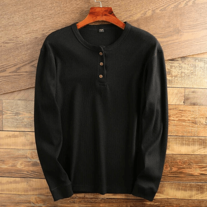 Mans Waffle Knit Henley Skjorta Lång Ärmar Texturerad Avslappnad Topp