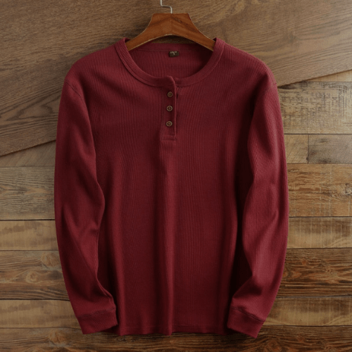 Mans Waffle Knit Henley Skjorta Lång Ärmar Texturerad Avslappnad Topp