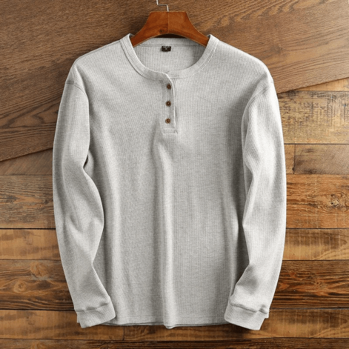 Mans Waffle Knit Henley Skjorta Lång Ärmar Texturerad Avslappnad Topp