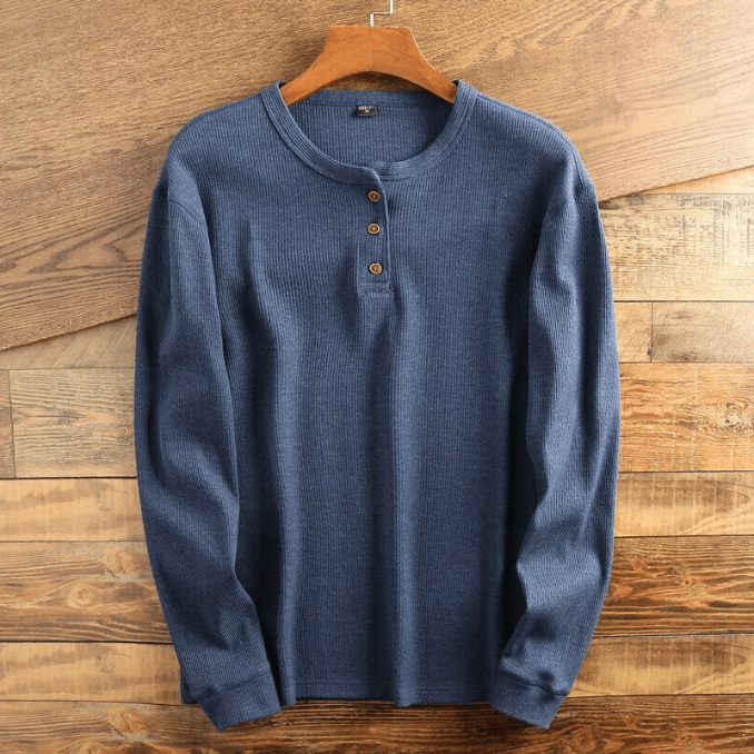Mans Waffle Knit Henley Skjorta Lång Ärmar Texturerad Avslappnad Topp
