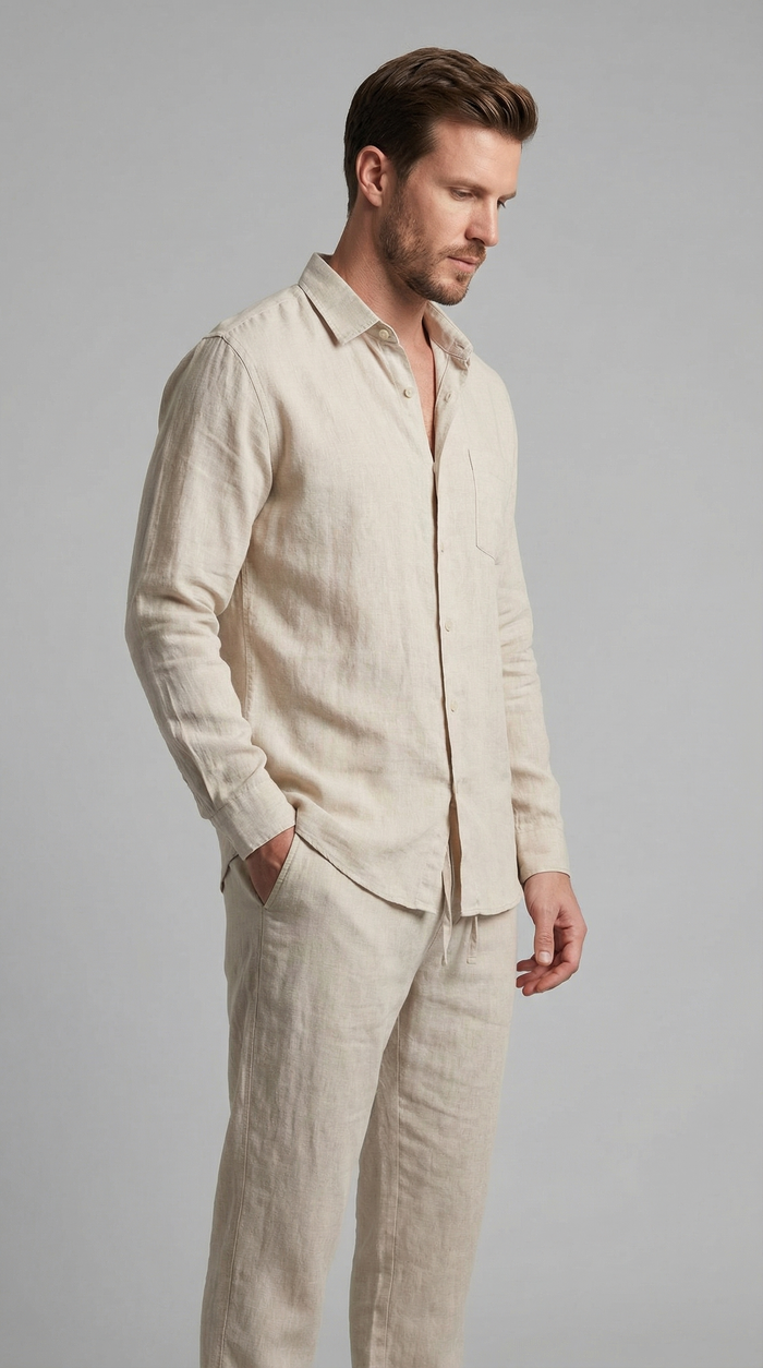 Herrens Linne Co-Ord Set Avslappnad Skjorta Byxor Outfit