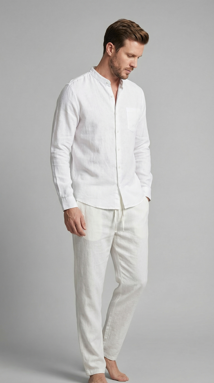 Herrens Linne Co-Ord Set Avslappnad Skjorta Byxor Outfit