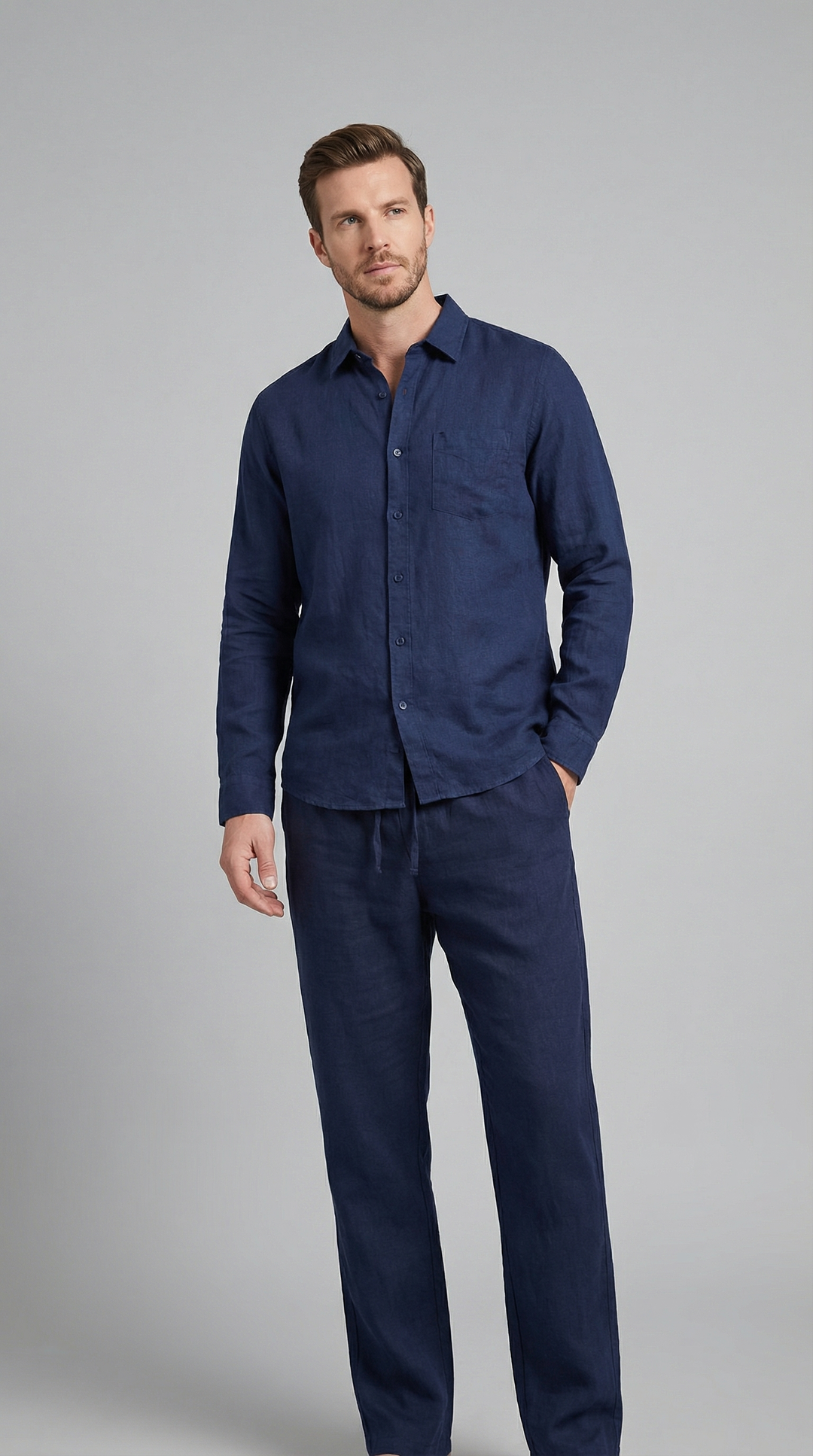 Herrens Linne Co-Ord Set Avslappnad Skjorta Byxor Outfit