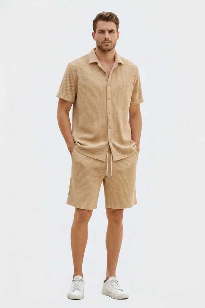 Herrars Texturerad Sommar Co-Ord Skjorta och Shorts Set
