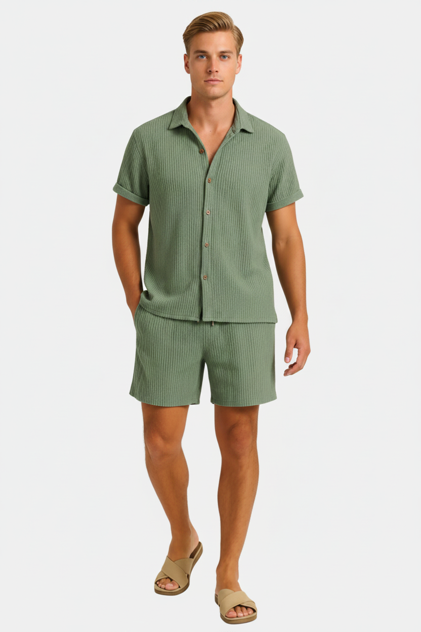 Herrars Texturerad Sommar Co-Ord Skjorta och Shorts Set