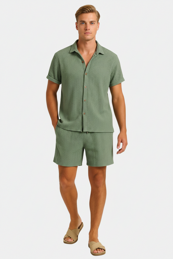 Herrars Texturerad Sommar Co-Ord Skjorta och Shorts Set