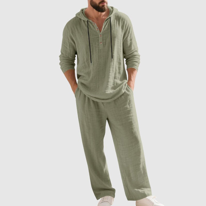 Herrens Hooded Lin Lounge Set – Andningsbar Henley Topp och Dragsko Byxor för Vår och Sommar