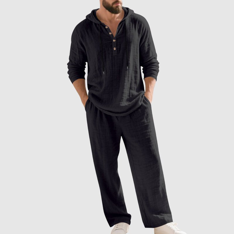 Herrens Hooded Lin Lounge Set – Andningsbar Henley Topp och Dragsko Byxor för Vår och Sommar