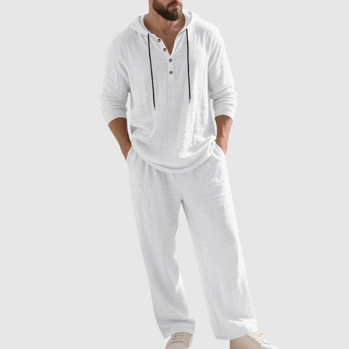 Herrens Hooded Lin Lounge Set – Andningsbar Henley Topp och Dragsko Byxor för Vår och Sommar