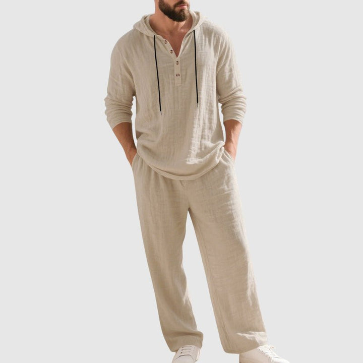 Herrens Hooded Lin Lounge Set – Andningsbar Henley Topp och Dragsko Byxor för Vår och Sommar