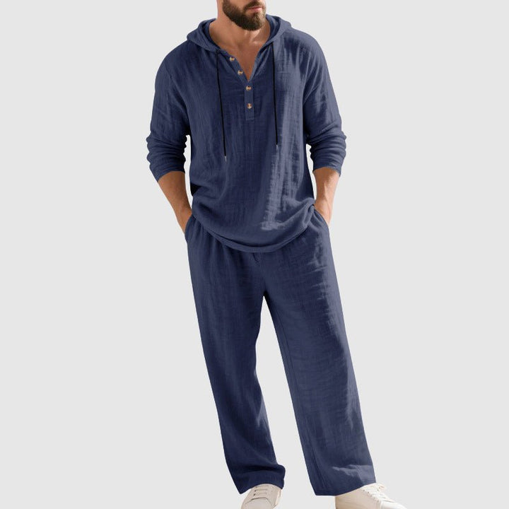 Herrens Hooded Lin Lounge Set – Andningsbar Henley Topp och Dragsko Byxor för Vår och Sommar