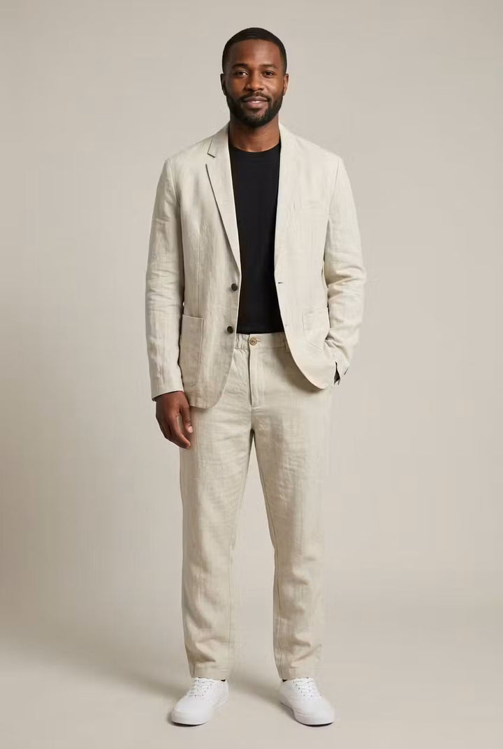 Herrarnas Andningsbara Linnekostymset – Avslappnad Blazer och Byxor för Sommaraktiviteter och Smart Casual Klädsel