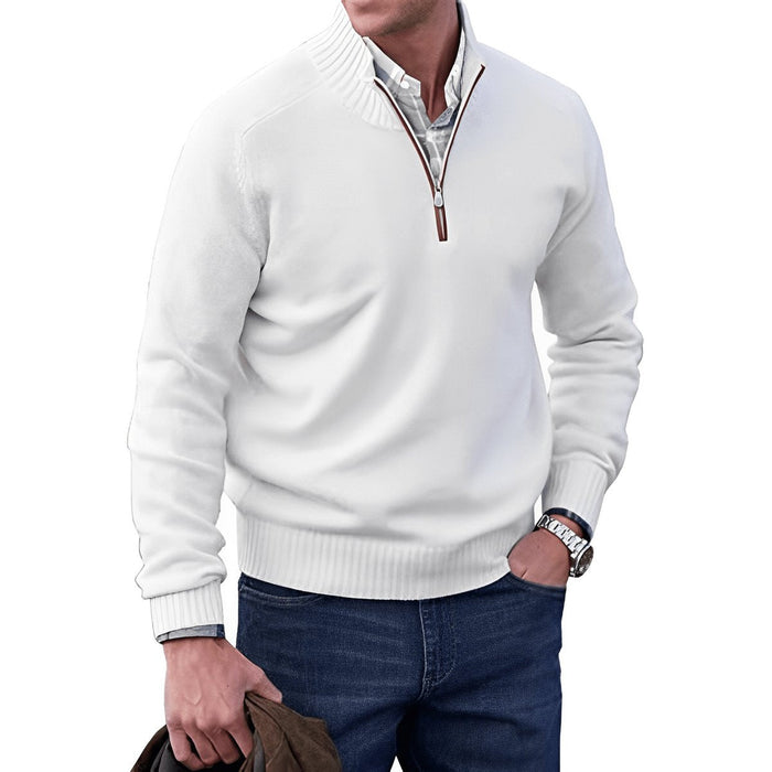 Herr Quarter-Zip Stickad Tröja med Ribbad Krage