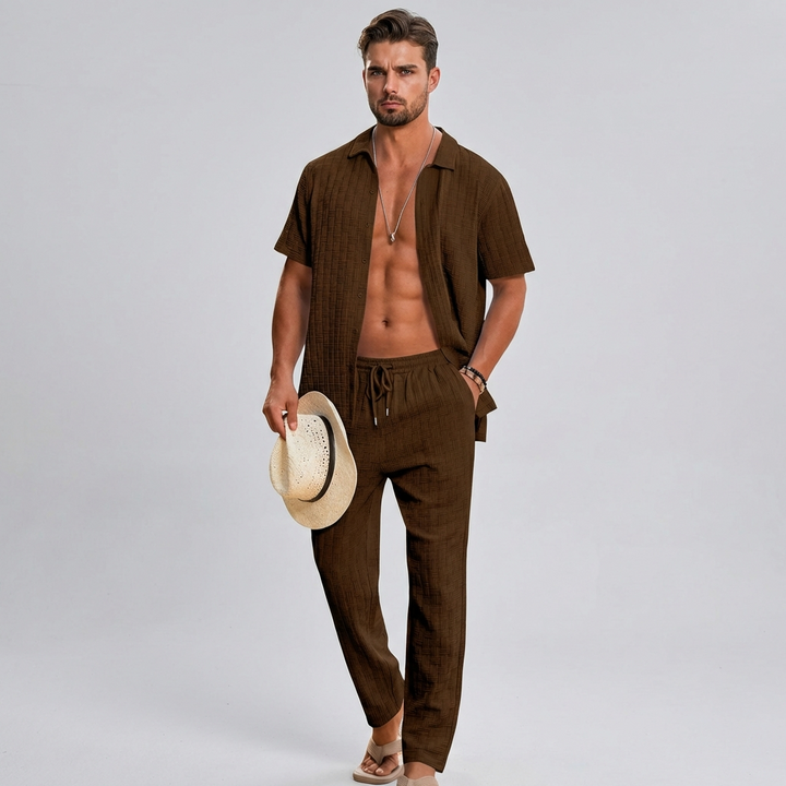 Herrars sommar co-ord set texturerad skjorta avslappnade byxor