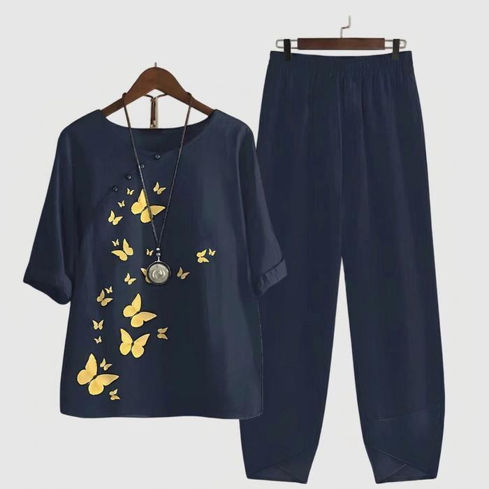 Dam Tvådelat Set med Fjärilstryck och Elastisk Midja