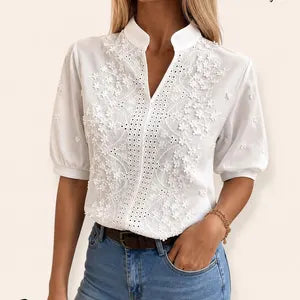 Kvinnors Broderad Blus – Puffärmad Sommartopp med Delad Halsringning