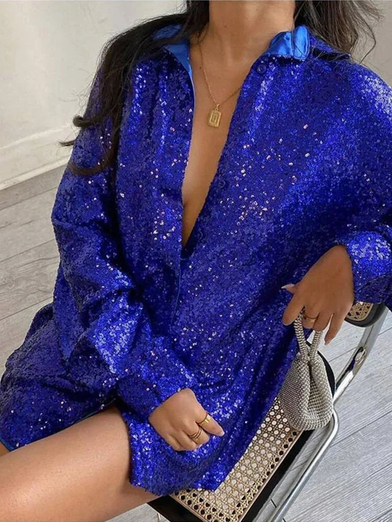 Kvinnors Oversized Paljettblus Glittrande Långärmad Festtop