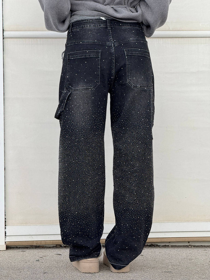 Kvinnors Högmidjade Rak Ben Jeans med Kristalldetaljer – Vintage Denim Look för Året Runt och Enkel Elegans