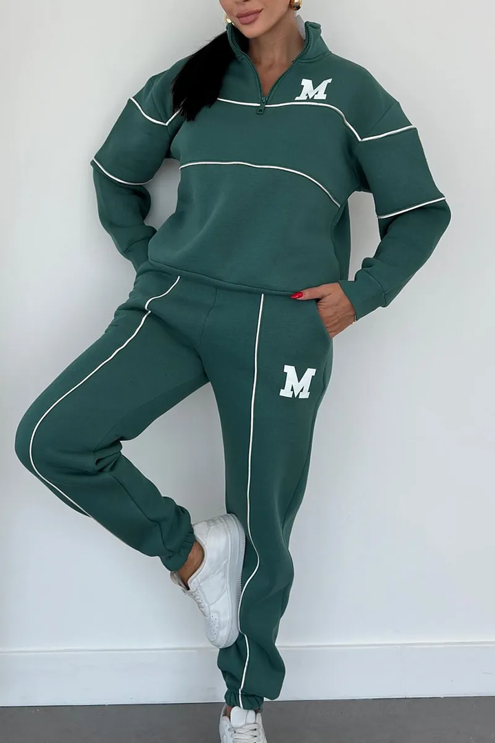 Kvinnors Zip Neck Träningsdräkt med Taperade Joggers